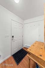 Entrance foyer featuring wood finished floors, baseboards, a baseboard radiator, and a textured ceiling