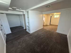 Basement with baseboards, carpet floors, built in shelves, and wood finished floors