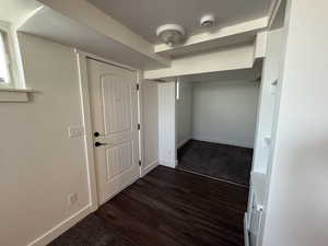 Interior space featuring baseboards, dark carpet, dark wood-type flooring, and a closet