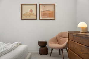 Bedroom with carpet floors and baseboards