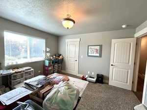 Bedroom featuring a textured ceiling and carpet flooring