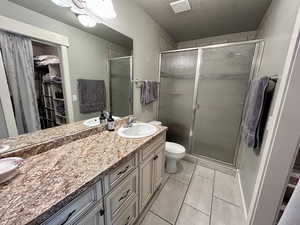primary bath featuring vanity, a shower stall, a spacious closet, and toilet
