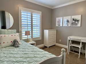 Bedroom featuring carpet floors, crown molding, and baseboards