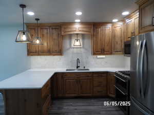 Kitchen featuring stainless steel appliances, a peninsula, dark wood-type flooring, and backsplash
