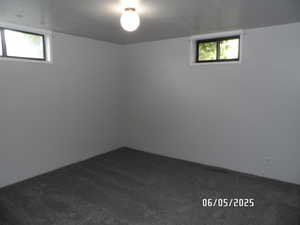 Basement bedroom with dark carpet and plenty of natural light