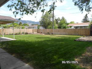 View of yard with a mountain view and a patio area