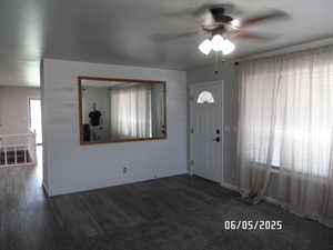 Foyer with ceiling fan, healthy amount of natural light, wood finished floors, and baseboards