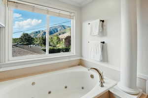 Bathroom featuring a mountain view, a whirlpool tub, and crown molding