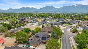 Aerial perspective of suburban area with mountains