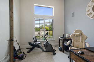 Workout room featuring carpet floors, a high ceiling, and baseboards