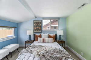 Bedroom with multiple windows, wood finished floors, a textured ceiling, baseboards, and lofted ceiling