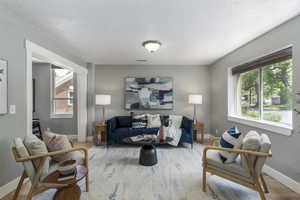 Living area with baseboards, healthy amount of natural light, wood finished floors, and a textured ceiling