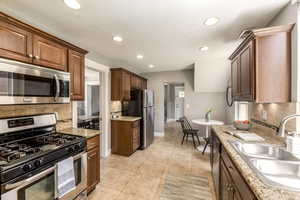 Kitchen featuring stainless steel appliances, a sink, decorative backsplash, recessed lighting, and baseboards