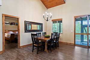 Dining room featuring high vaulted ceiling, a chandelier, baseboards, dark wood-style flooring, and wood ceiling