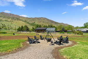 View of patio featuring a mountain view