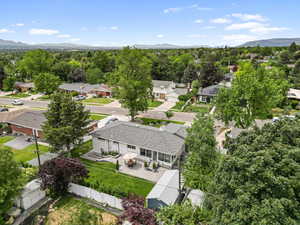 Aerial perspective of suburban area featuring mountains