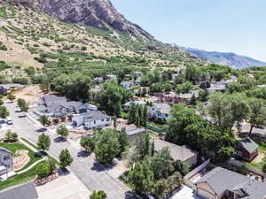 Aerial view of residential area with mountains
