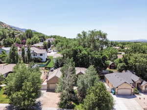 Aerial view of residential area with mountains