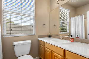 Full bathroom with vanity, toilet, and a shower with curtain