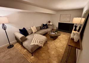 Carpeted living area with baseboards and a fireplace