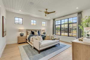 Bedroom with light wood-style floors, recessed lighting, ceiling fan, and wood ceiling