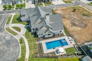 Aerial view of residential area with a pool area