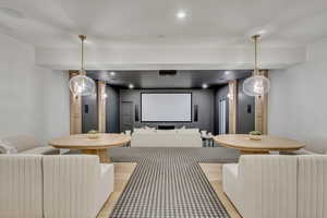 Home theater featuring recessed lighting and light wood-type flooring