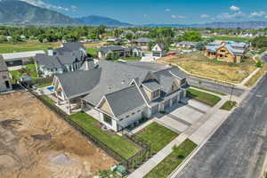 Aerial view of residential area with mountains