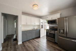 Kitchen with appliances with stainless steel finishes, a sink, white cabinets, backsplash, and dark wood-style floors