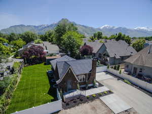 Aerial view of residential area with mountains