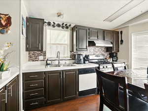 Kitchen with a sink, under cabinet range hood, dishwasher, stainless steel range with gas stovetop, and light countertops