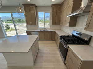 Kitchen with ventilation hood, stainless steel appliances, a sink, recessed lighting, and decorative backsplash