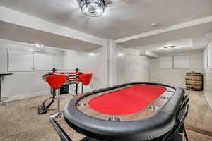 Recreation room featuring carpet flooring, baseboards, and a textured ceiling