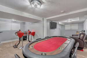 Game room with carpet flooring and a textured ceiling