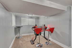 Rec room with baseboards and carpet floors