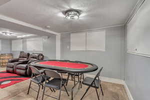 Rec room with light colored carpet, a textured ceiling, and baseboards