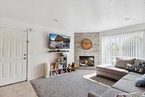 Living room with a electric fireplace, capped for gas option. Newly installed carpet with upgraded pet pad to protect from future spills/accidents.