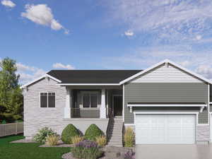 Ranch-style home with stone siding, driveway, and an attached garage