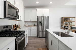 Kitchen with stainless steel appliances, a sink, recessed lighting, dark wood-style flooring, and light countertops