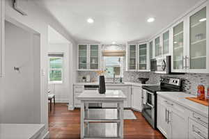 Kitchen featuring stainless steel appliances, a sink, decorative backsplash, dark wood-style floors, and recessed lighting