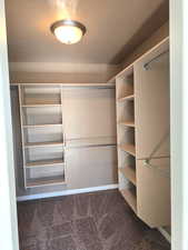 Large, L-shaped walk-in closet in master bathroom