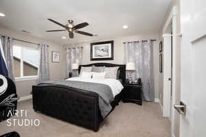Bedroom with carpet floors, baseboards, recessed lighting, and a ceiling fan