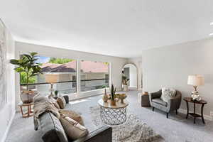 Living room featuring arched walkways, a textured ceiling, carpet floors, and baseboards