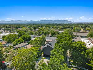 Aerial view of residential area with mountains