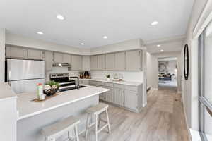 Kitchen with stainless steel appliances, gray cabinets, under cabinet range hood, light wood finished floors, and a sink