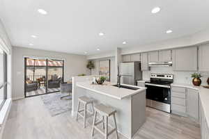 Kitchen featuring appliances with stainless steel finishes, under cabinet range hood, light wood-style floors, a sink, and gray cabinets
