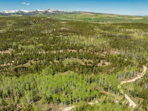 Aerial overview of property's location featuring mountains and a heavily wooded area
