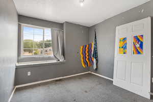 Carpeted empty room featuring a textured ceiling and baseboards