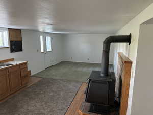 Unfurnished living room with a wood stove, a sink, healthy amount of natural light, a textured ceiling, and carpet