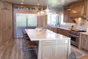 Kitchen with premium appliances, premium range hood, a sink, lighted glass upper cabinets, Wolf range